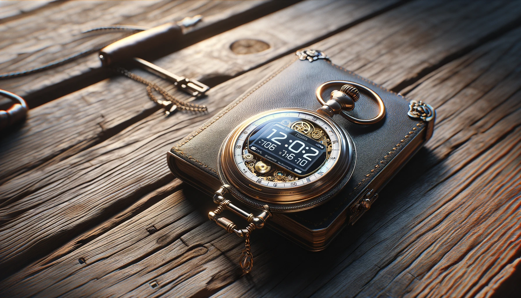 a modern pocket watch with digital display integration, set against the backdrop of traditional craftsmanship.
